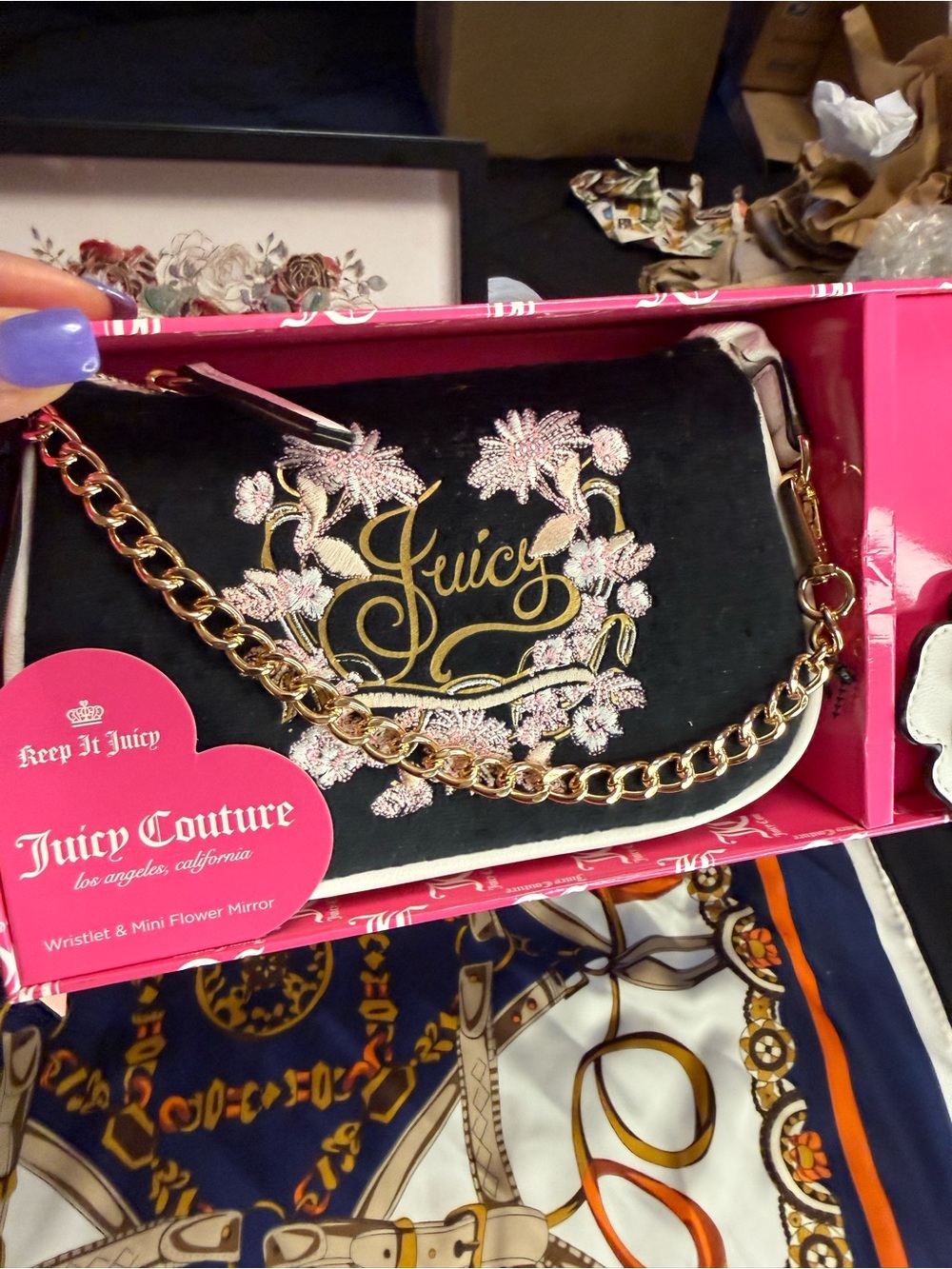 Juicy Couture Black Floral Wristlet with Black Flower mirror NWT - Picture 2 of 8